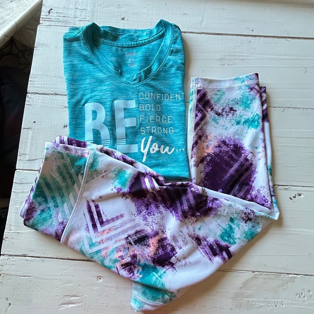 DSG Girls 2pc Activewear Set Teal Be You Graphic Tee Purple Abstract Leggings L